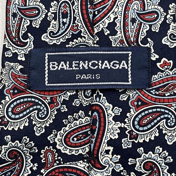 BALENCIAGA PARIS Neck Tie Red Beige Blue Paisley Silk 58" USA Made Vintage - Picture 4 of 7